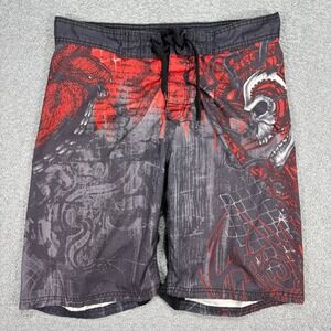 MMA Elite Shorts Men's Medium Black Red Mesh Lined Skull Snake Surfer Grunge